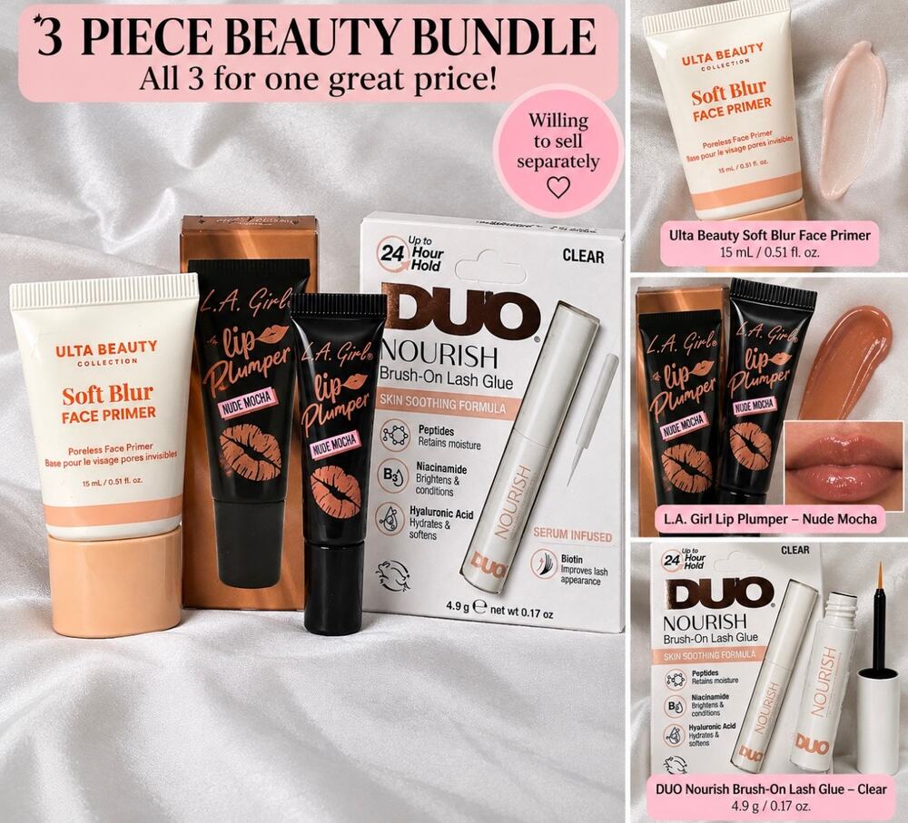 Ulta Beauty Soft Blur Primer DUO Lash Glue L.A. Girl Lip Plumper 3pc Bundle